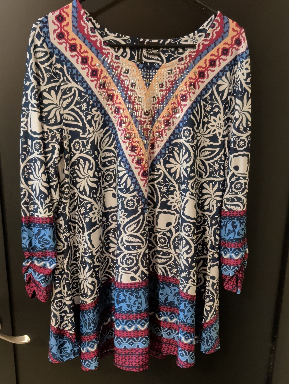 Boho V-Neck Floral Print Swing Dress in Navy and Blue